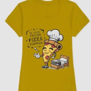 Camiseta estampada eu prefiro pizza dormida com mascote de fatia de pizza